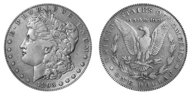 1893 Morgan silver dollar obverse and reverse showing Liberty's portrait and eagle design