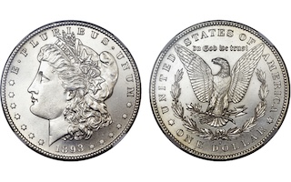 Side-by-side comparison of genuine 1893-S Morgan dollar versus common counterfeit, showing key authentication points