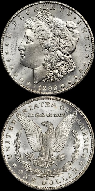 1893-CC Morgan dollar showing the Carson City CC mint mark on the reverse — the final Morgan dollar struck at Carson City