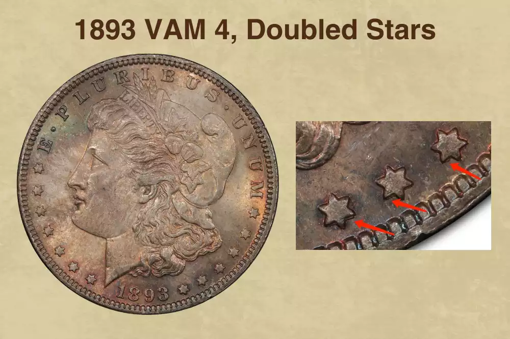 1893 Morgan dollar VAM-4 Doubled Stars close-up showing the hub doubling on all 13 obverse stars — a Top 100 Morgan dollar variety