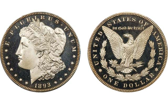 1893 Proof Morgan silver dollar showing mirror-like fields and frosted cameo devices — 792 produced for collectors