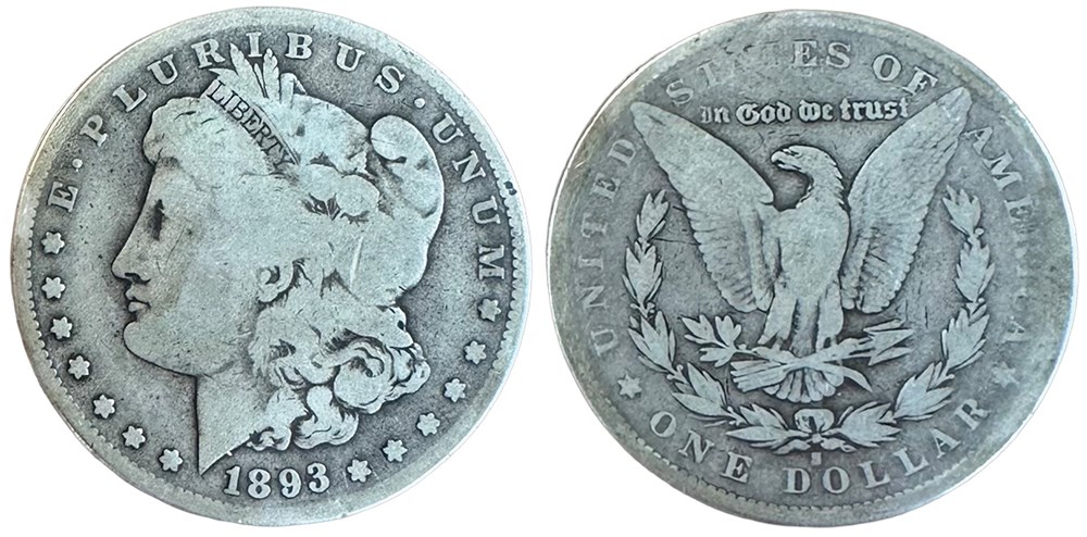 Montage of all four 1893 Morgan dollar mint marks — Philadelphia, Carson City, New Orleans, and San Francisco — showing relative mintages