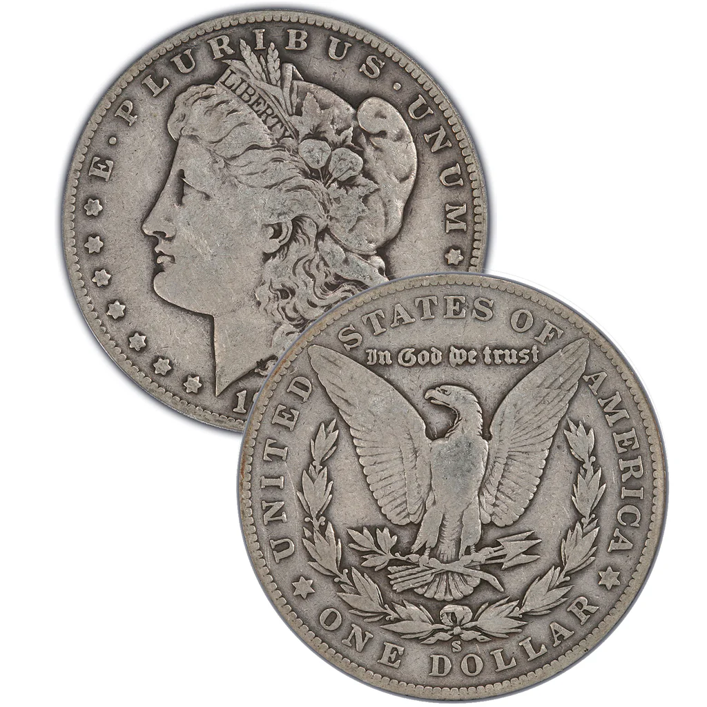 1893 Morgan silver dollar grading strip showing four condition tiers from worn to gem Mint State